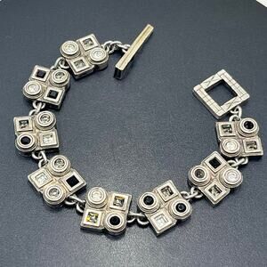 Patricia Locke‎ vintage Vienna Silver Plated Black White Crystal Bracelet 7.5"